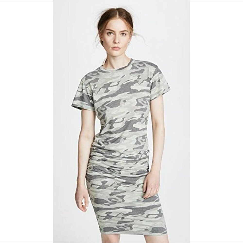 Monrow Shirred camo gray knit dress gathered bodycon stretch short sleeve Small